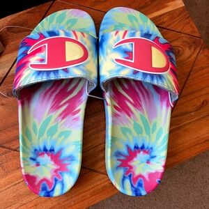 Champion IPO Tie Dye Slide Sandals Pink Yellow Blue Womens Size 7 NWT